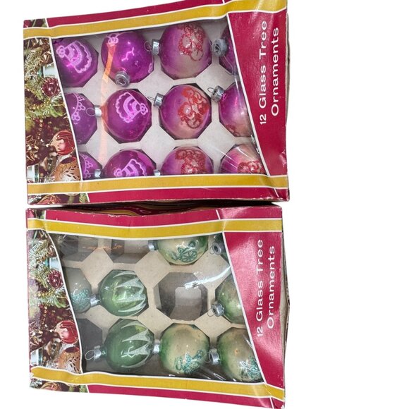 Shiny Brite Other - 20 Vintage Glass Christmas Tree Ornaments Pink & Green Hand Glitter Shiny Brite